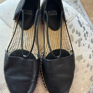 Eileen Fisher Black Leather Espadrille Flats with Jute Insole